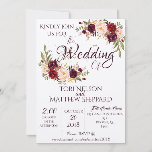 Burgundy Floral Water Paint -Simple Lines splashes Einladung (Vorderseite)