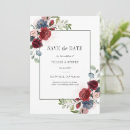 Burgundy Floral Watercolor Dusty Blue Rustic Save The Date