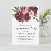 Burgundy Floral Watercolor Engagement Party einlad Einladung (Stehend Vorderseite)