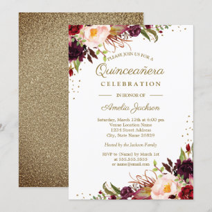 Burgundy Floral Watercolor Gold Quinceanera Einlad Einladung