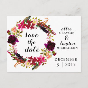 Burgundy Floral Watercolor Save the Date Ankündigungspostkarte