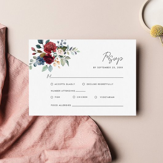 Burgundy Floral Watercolor Script Wedding RSVP Karte