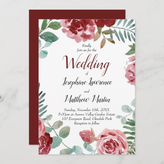 Burgundy Floral Watercolor Wedding Einladung (Vorne/Hinten)