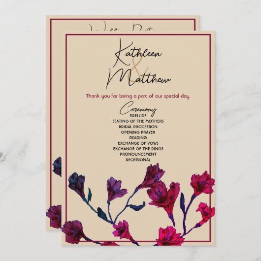 Burgundy Floral Watercolor Wedding Programm (Vorne/Hinten)