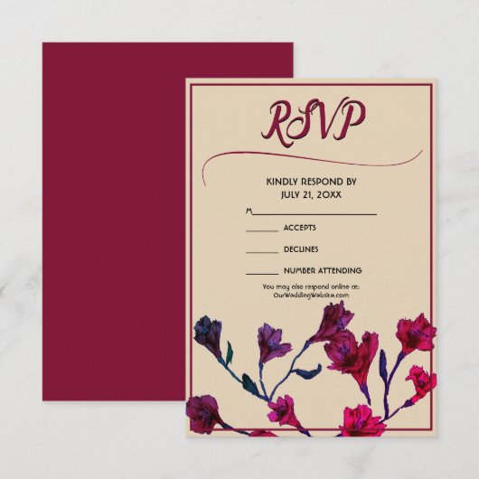 Burgundy Floral Watercolor Wedding RSVP Karte (Vorne/Hinten)
