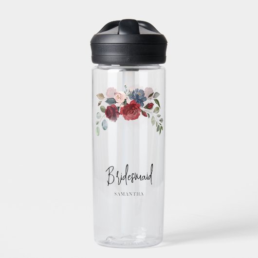 Burgundy Floral Wedding Bridesmaid Personalisiert Trinkflasche (Vorderseite)
