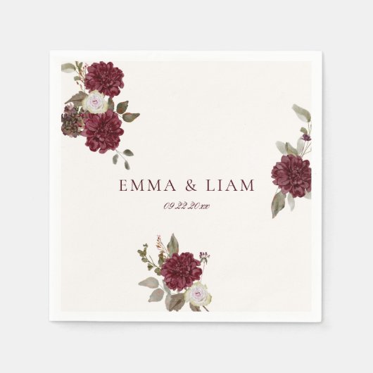 Burgundy Floral Wedding Cocktail Napkins Serviette (Vorderseite)