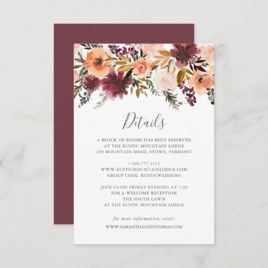 Burgundy Floral Wedding Details Card Einladung (Vorne/Hinten)