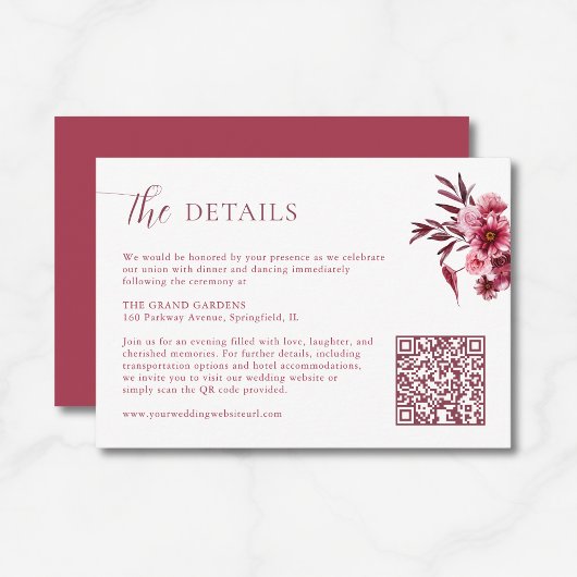  Burgundy Floral Wedding Details Card QR Code  Begleitkarte