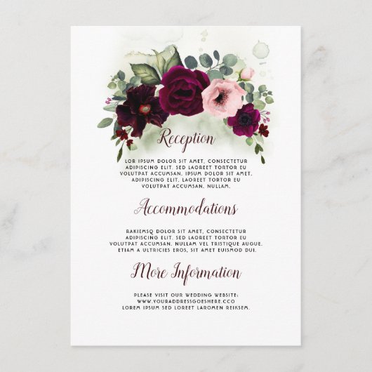 Burgundy Floral Wedding Details Gast Begleitkarte (Vorderseite)