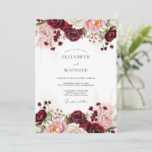 Burgundy Floral Wedding Einladung (Stehend Vorderseite)