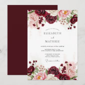 Burgundy Floral Wedding Einladung (Vorne/Hinten)