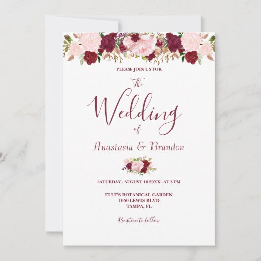 Burgundy Floral Wedding Einladung (Vorderseite)