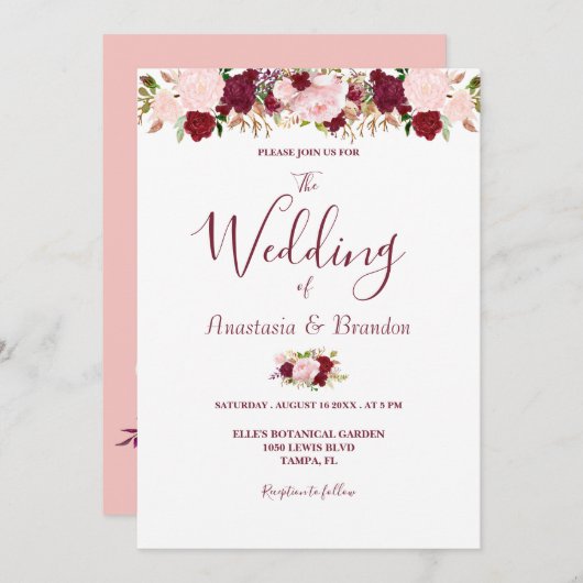 Burgundy Floral Wedding Einladung (Vorne/Hinten)