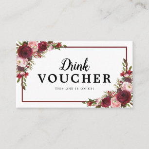 Burgundy Floral Wedding Free Drink Gutschein Visitenkarte