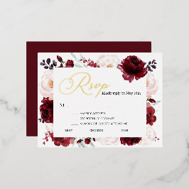 Burgundy Floral Wedding Gold Foil RSVP Card Folie Einladungspostkarte