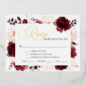 Burgundy Floral Wedding Gold Foil RSVP Card Folie Einladungspostkarte (Vorderseite)
