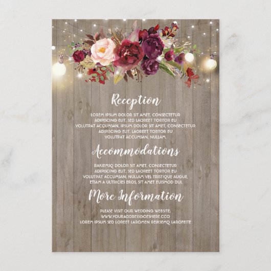 Burgundy Floral Wedding Information Guest Card Begleitkarte (Vorderseite)