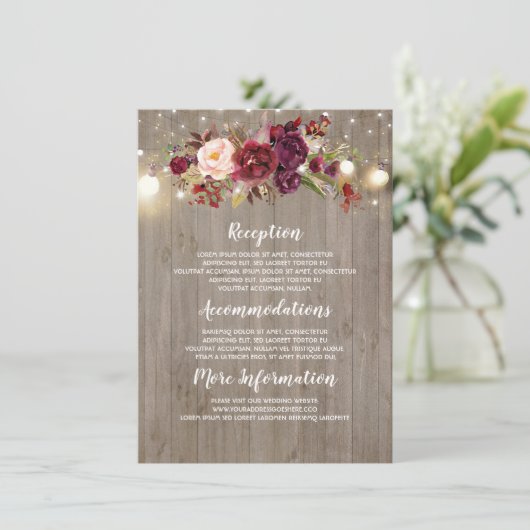 Burgundy Floral Wedding Information Guest Card Begleitkarte (Stehend Vorderseite)