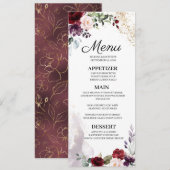 Burgundy Floral Wedding Menu Einladung (Vorne/Hinten)
