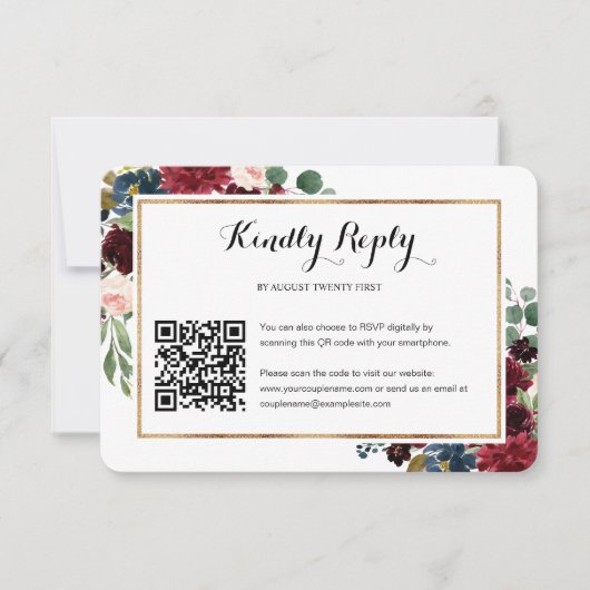 Burgundy Floral Wedding QR Code Foto RSVP Card Karte (Vorderseite)