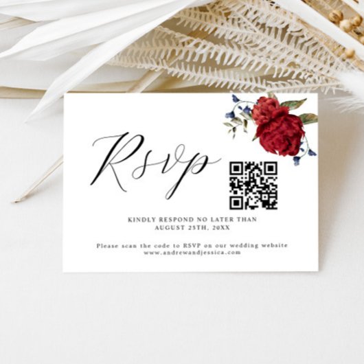 Burgundy Floral Wedding QR Code RSVP Card Karte