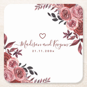 Burgundy Floral Wedding Rechteckiger Pappuntersetzer