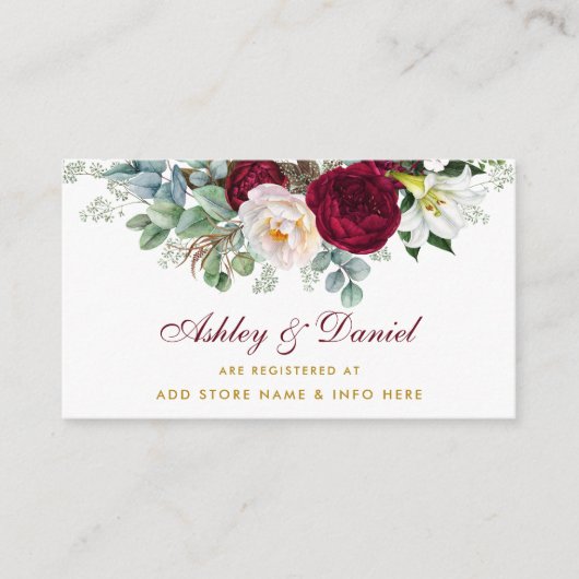 Burgundy Floral Wedding Registry Gold Insert Card (Vorderseite)