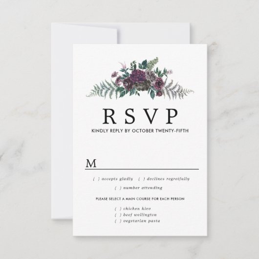 Burgundy Floral Wedding RSVP Card, Mehloptionen (Vorderseite)