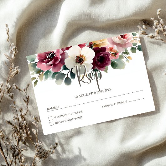 Burgundy Floral Wedding RSVP Karte