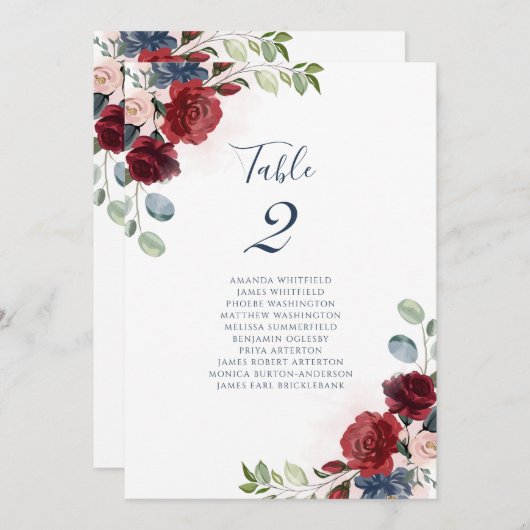 Burgundy Floral Wedding Script-Tischnummer (Vorne/Hinten)