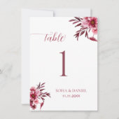 Burgundy Floral Wedding Table Number Card Elegant (Vorderseite)