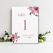 Burgundy Floral Wedding Table Number Card Elegant 