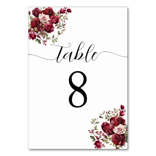 Burgundy Floral Wedding Tischnummer (Vorderseite)