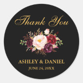 Burgundy Floral Wedding Vielen Dank Gold Black Runder Aufkleber (Vorderseite)