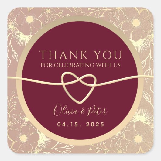 Burgundy Floral Wedding Vielen Dank Quadratischer Aufkleber (Vorderseite)