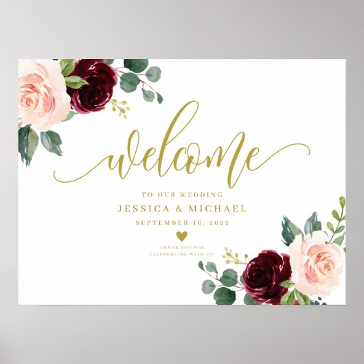 Burgundy Floral Wedding Welcome Sign Poster (Vorne)