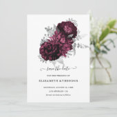 Burgundy Floral Wedding with Damask Details Save The Date (Stehend Vorderseite)