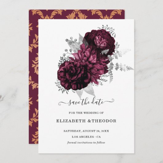 Burgundy Floral Wedding with Damask Details Save The Date (Vorne/Hinten)