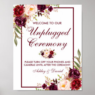 Burgundy Floral Wedding Zeremony Unplugged Poster