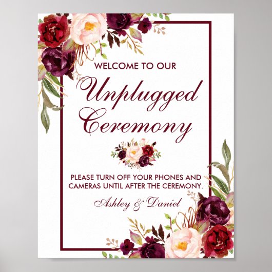 Burgundy Floral Wedding Zeremony Unplugged Poster (Vorne)