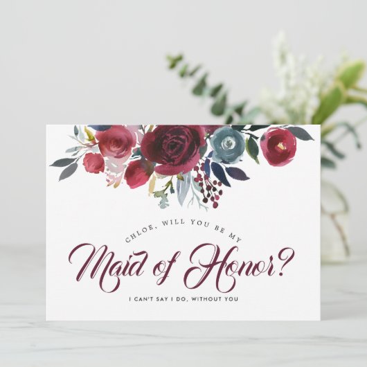 Burgundy Floral Werden Sie meine Trauzeugin-Karte Einladung (Stehend Vorderseite)