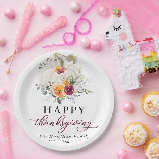 Burgundy Floral White Pumpkin Erntedank Pappteller (Party)