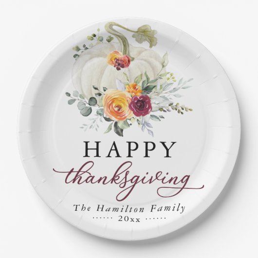 Burgundy Floral White Pumpkin Erntedank Pappteller (Vorderseite)