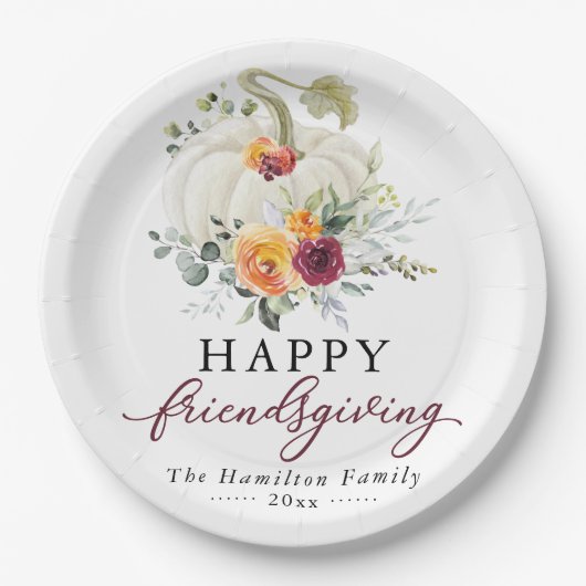 Burgundy Floral White Pumpkin Friendsgiving Pappteller (Vorderseite)