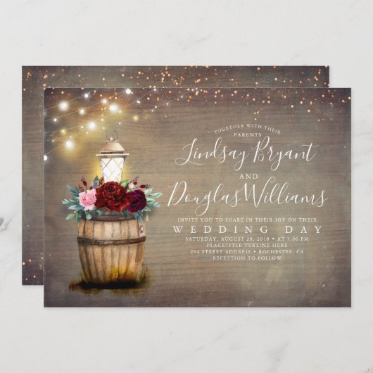 Burgundy Floral Wine Barrel Laterne Rustikale Hoch Einladung (Vorne/Hinten)