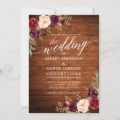 Burgundy Floral Wood Calligraphy Foto Wedding Einladung (Vorderseite)