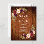 Burgundy Floral Wood Geo Frame Save the Date Postkarte (Vorne/Hinten)
