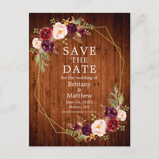 Burgundy Floral Wood Geo Frame Save the Date Postkarte (Vorderseite)