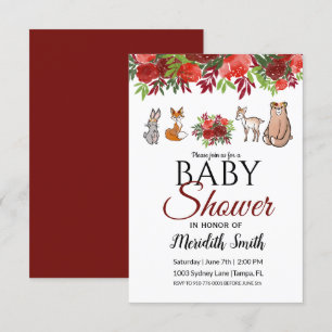 Burgundy Floral Woodland Animals Baby Dusche Einladung